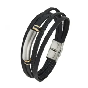 Stainless Steel and Black Braided Leather Bracelet