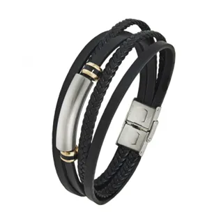 Stainless Steel and Black Braided Leather Bracelet