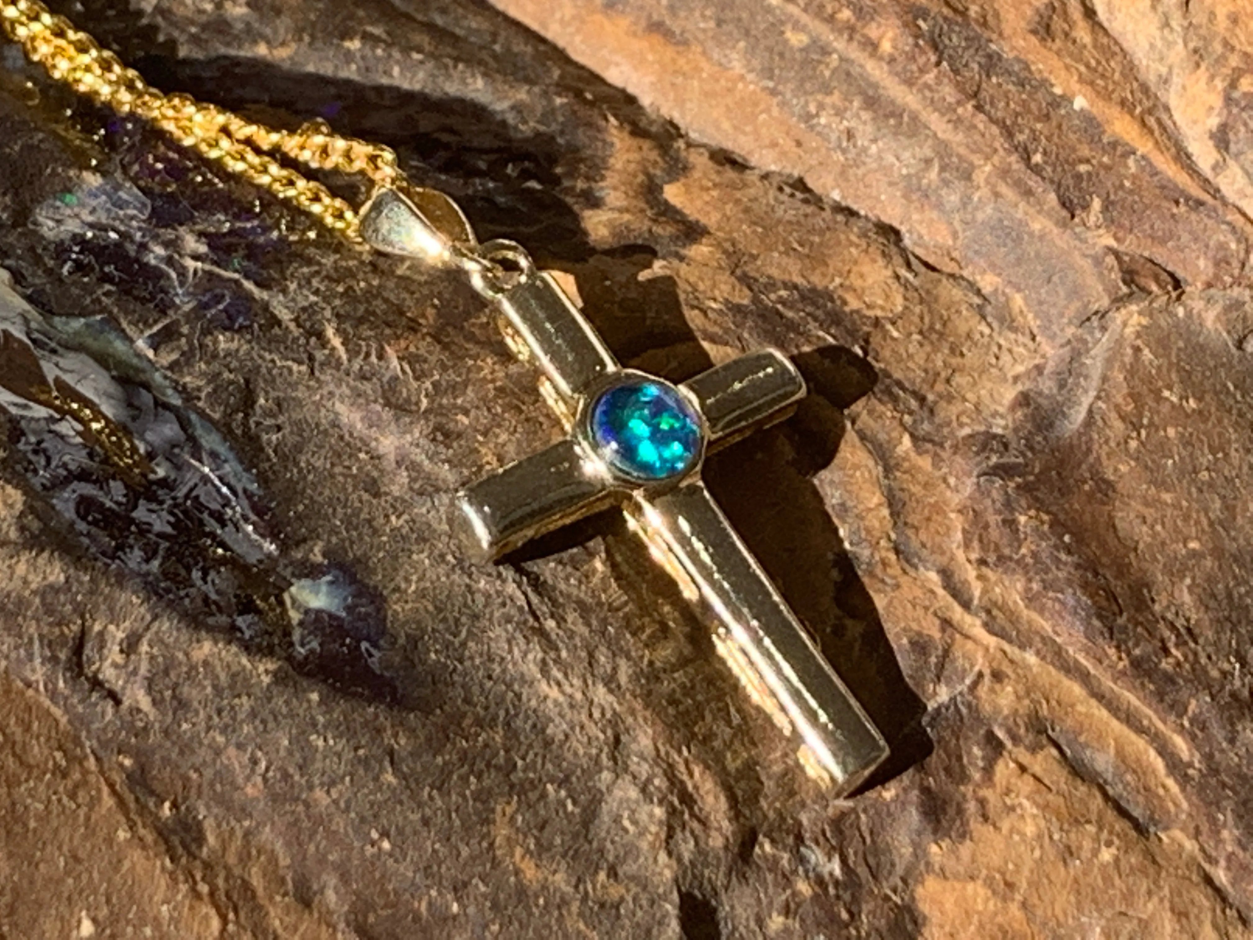 Sterling Silver Gold plated cross with 5mm Opal triplet