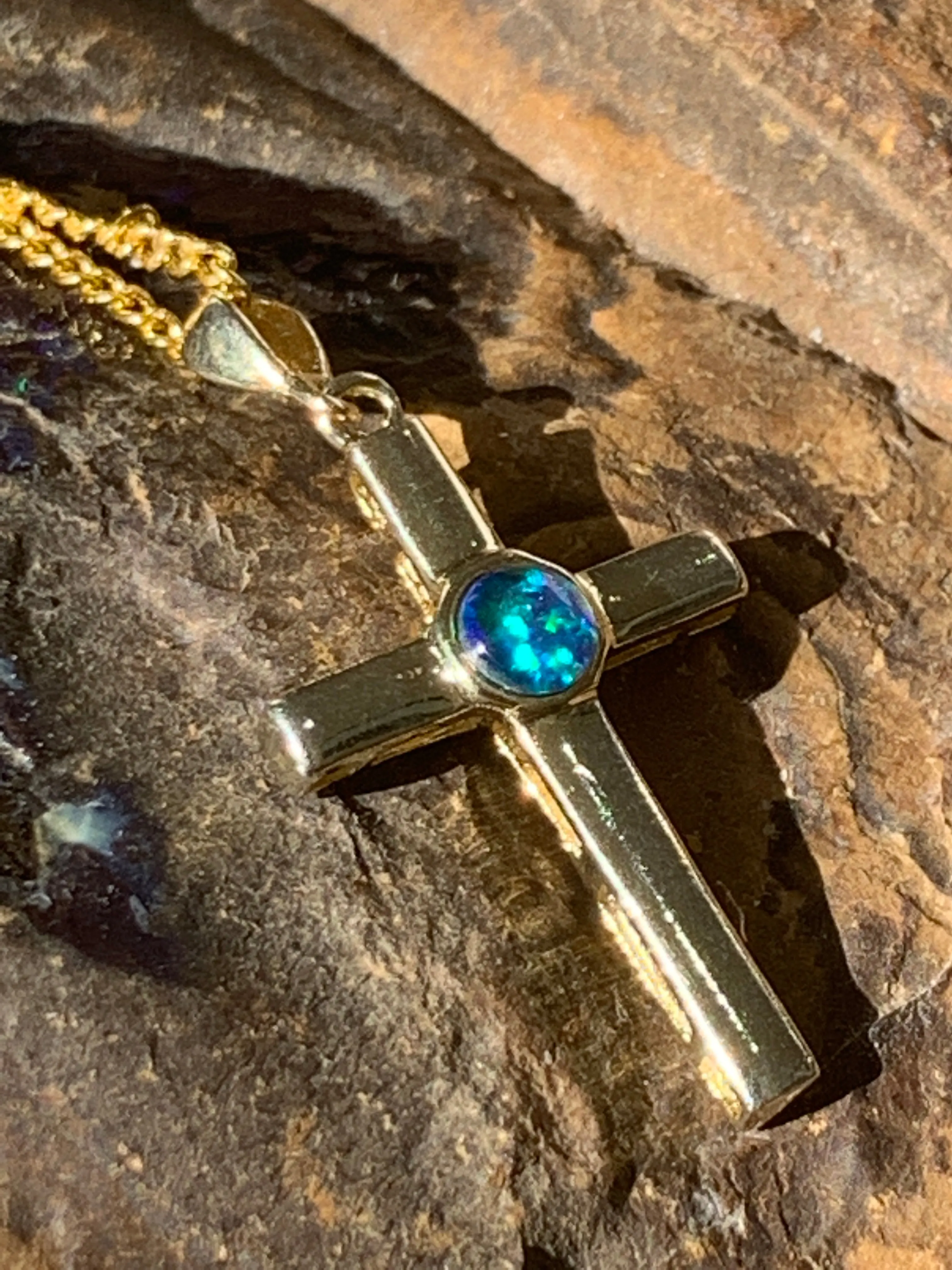 Sterling Silver Gold plated cross with 5mm Opal triplet