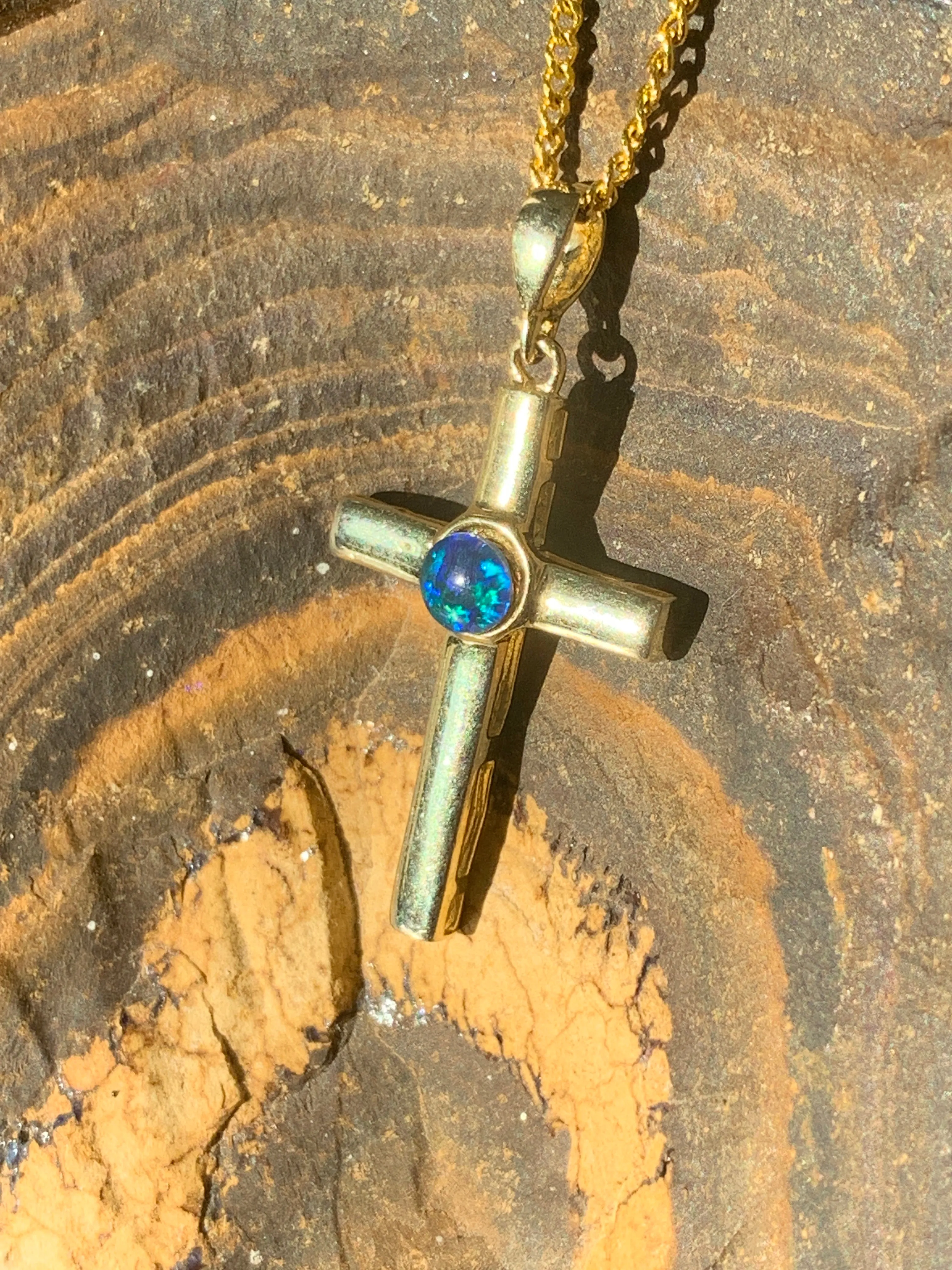 Sterling Silver Gold plated cross with 5mm Opal triplet