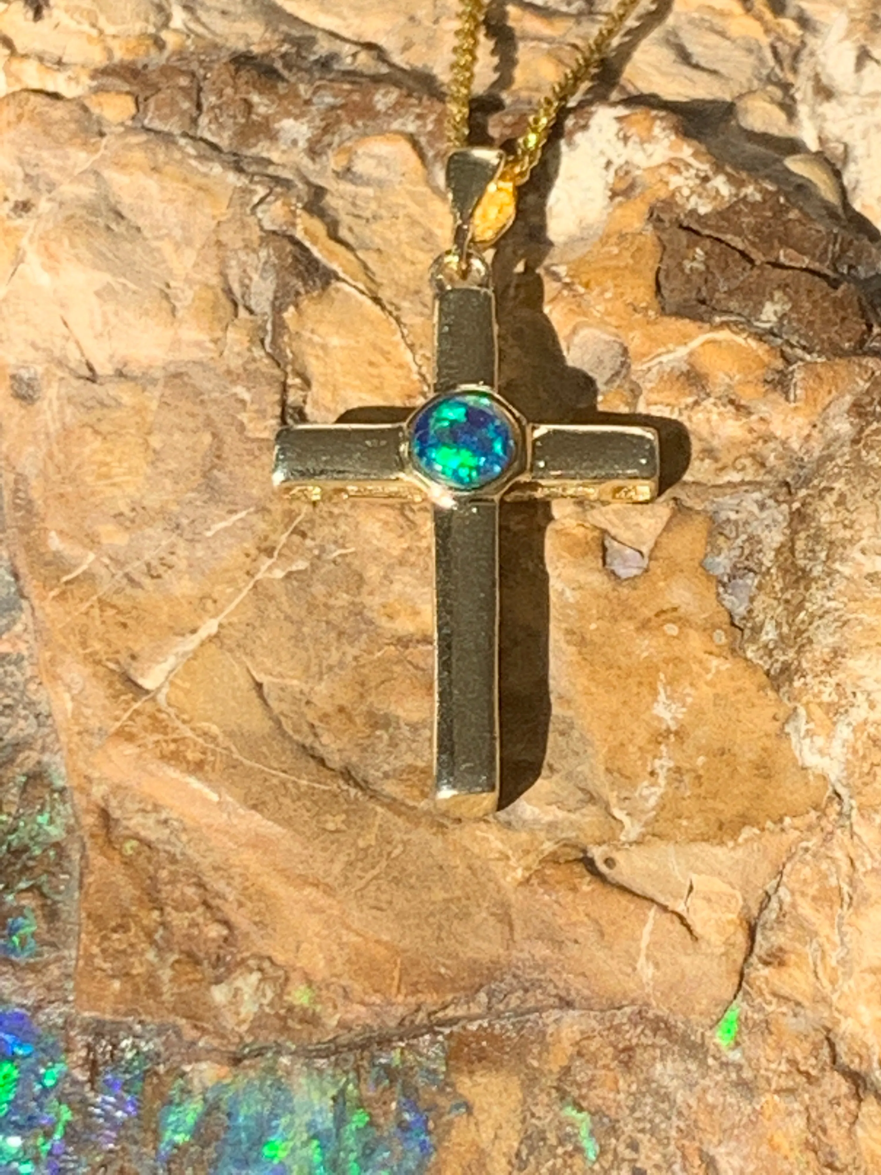 Sterling Silver Gold plated cross with 5mm Opal triplet