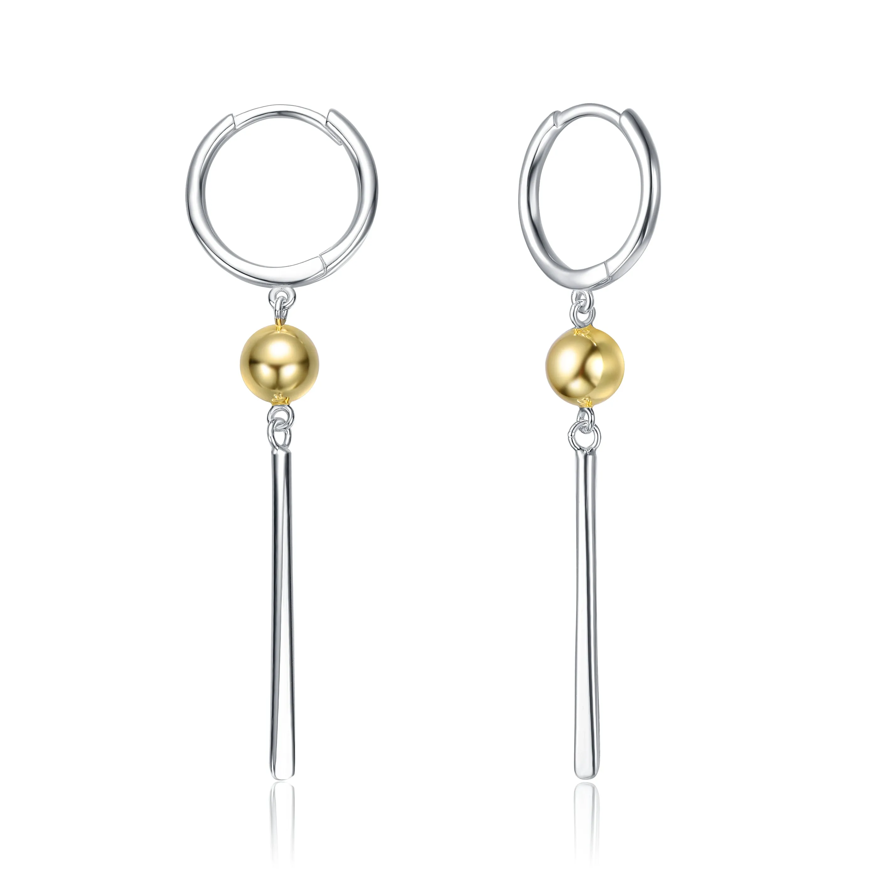 Sterling Silver Two-Tone with 14K Gold Plated Sphere and Sleek White Gold Plated Bars Drop Earrings