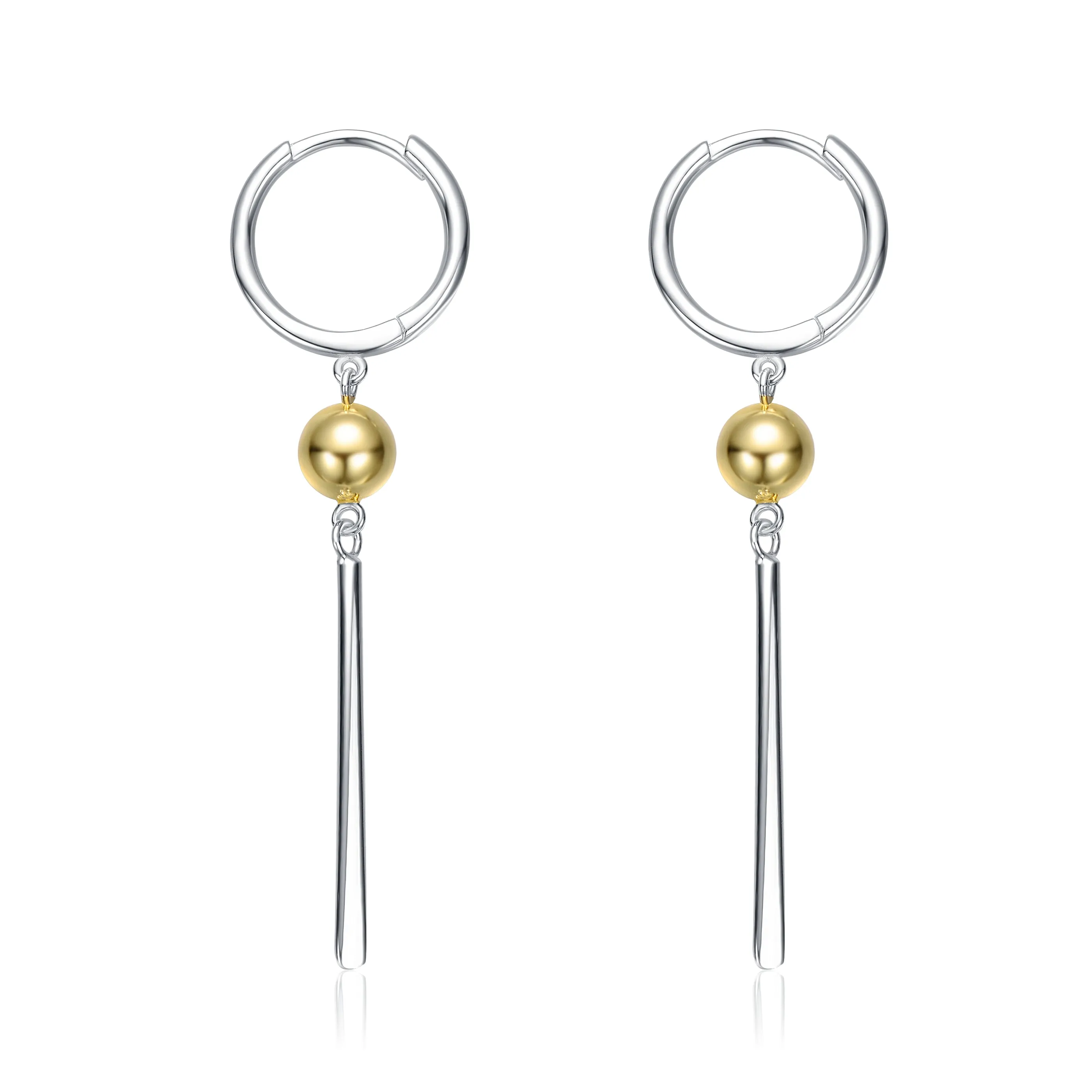 Sterling Silver Two-Tone with 14K Gold Plated Sphere and Sleek White Gold Plated Bars Drop Earrings