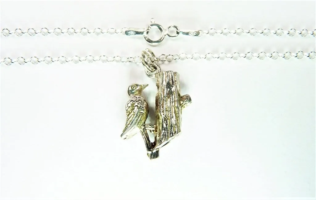 Sterling Silver Vintage Woodpecker Charm Pendant Necklace 1970s