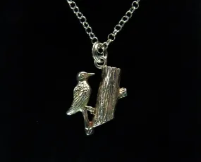 Sterling Silver Vintage Woodpecker Charm Pendant Necklace 1970s