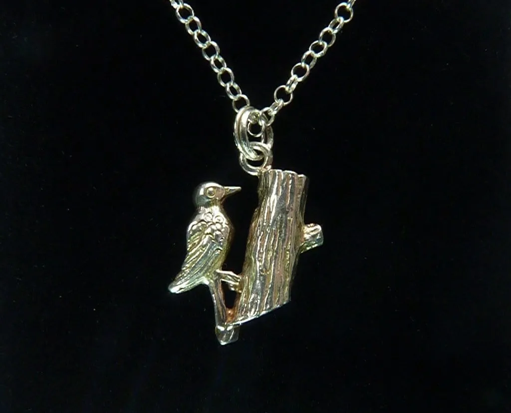 Sterling Silver Vintage Woodpecker Charm Pendant Necklace 1970s