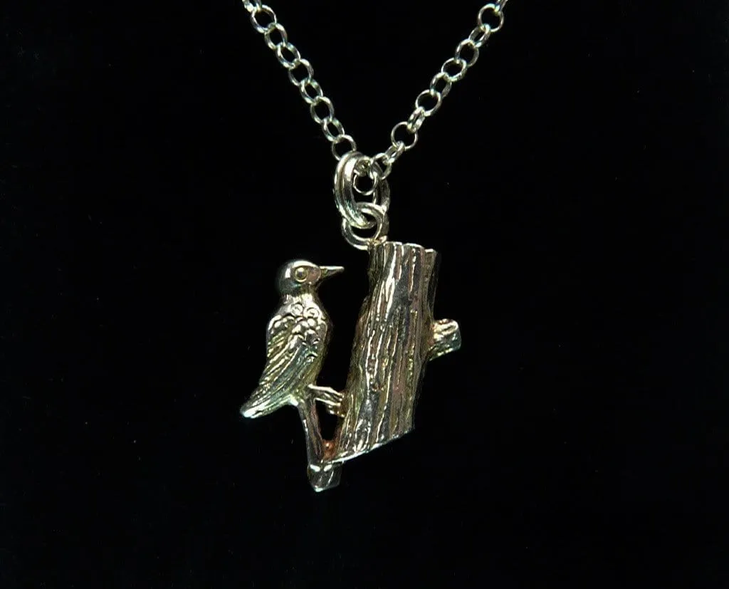 Sterling Silver Vintage Woodpecker Charm Pendant Necklace 1970s