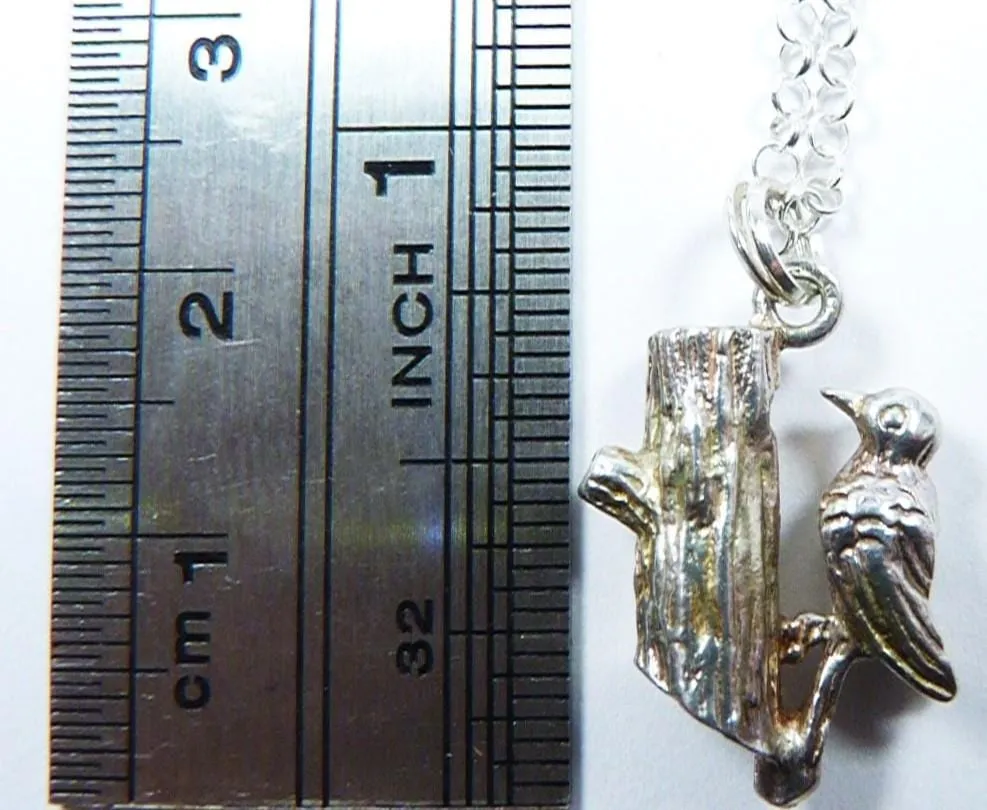 Sterling Silver Vintage Woodpecker Charm Pendant Necklace 1970s