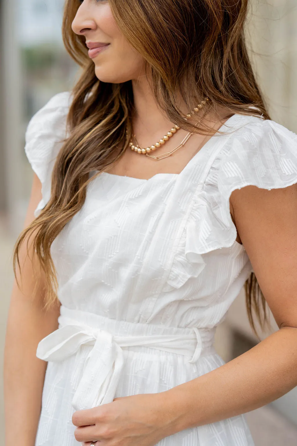 Subtle Raised Print Ruffle Trim Dress