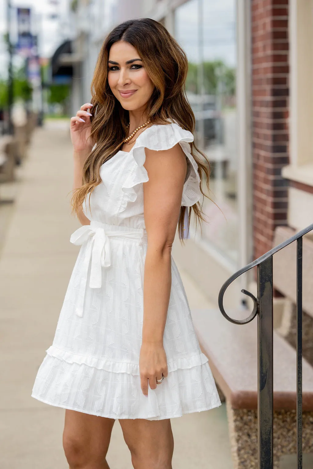 Subtle Raised Print Ruffle Trim Dress