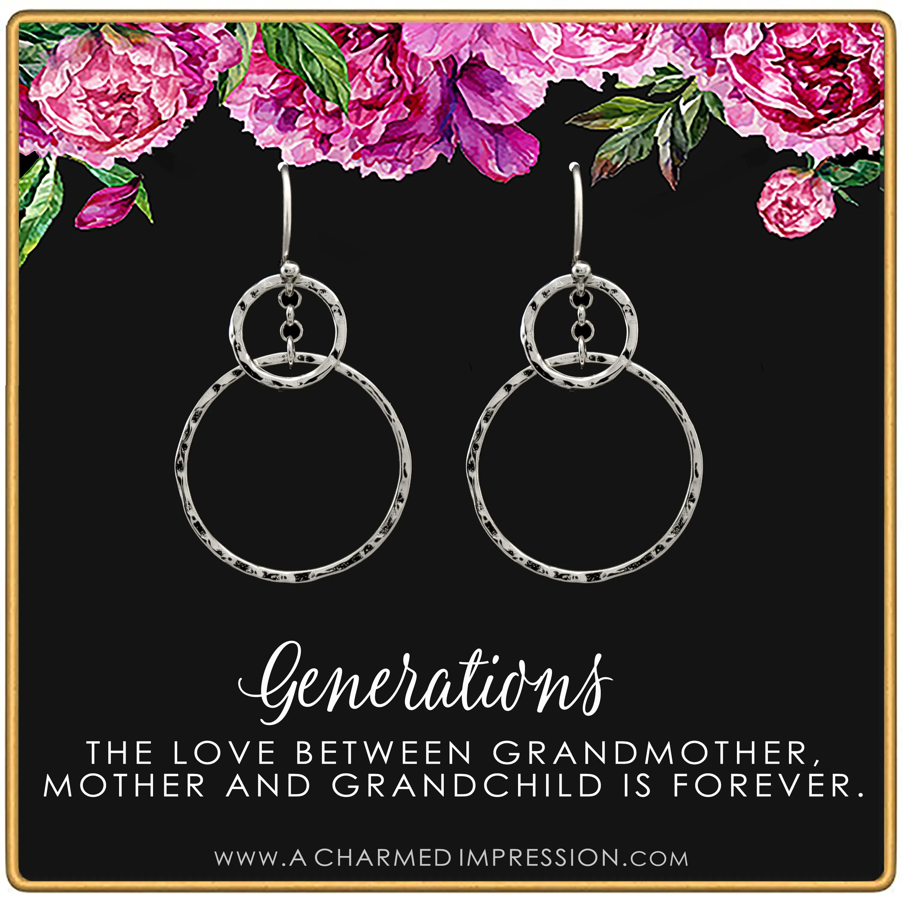 Three Generations Earrings • Best Grandma Gifts • Grandmother, Mother, Grandchild Gifts for Mothers Day Jewelry Birthday • Hammered Rings Earrings