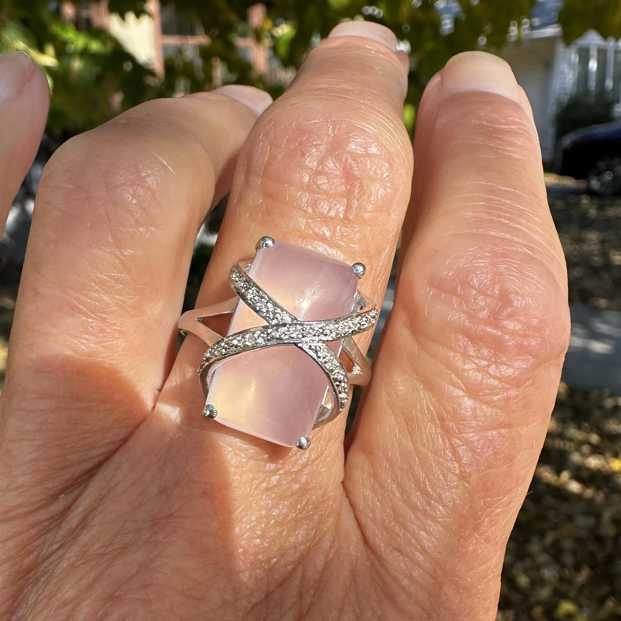 Vintage 14K White Gold Diamond Rose Quartz Ring