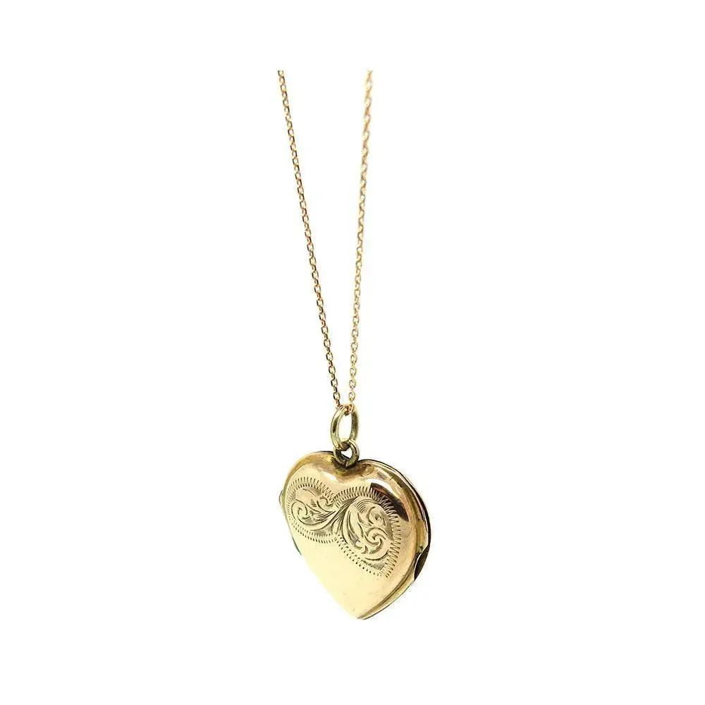 Vintage 1930s Engraved 9ct Rose Gold Heart Locket Necklace