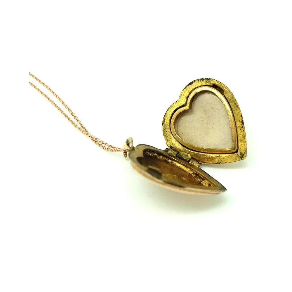 Vintage 1930s Engraved 9ct Rose Gold Heart Locket Necklace