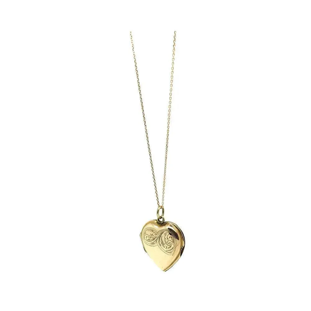 Vintage 1930s Engraved 9ct Rose Gold Heart Locket Necklace