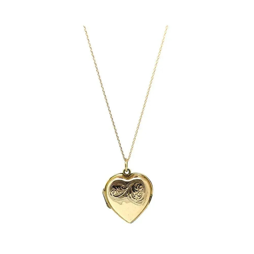 Vintage 1930s Engraved 9ct Rose Gold Heart Locket Necklace
