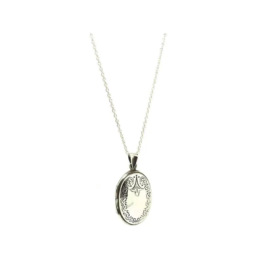 Vintage 1970s Silver Floral Oval Locket Necklace