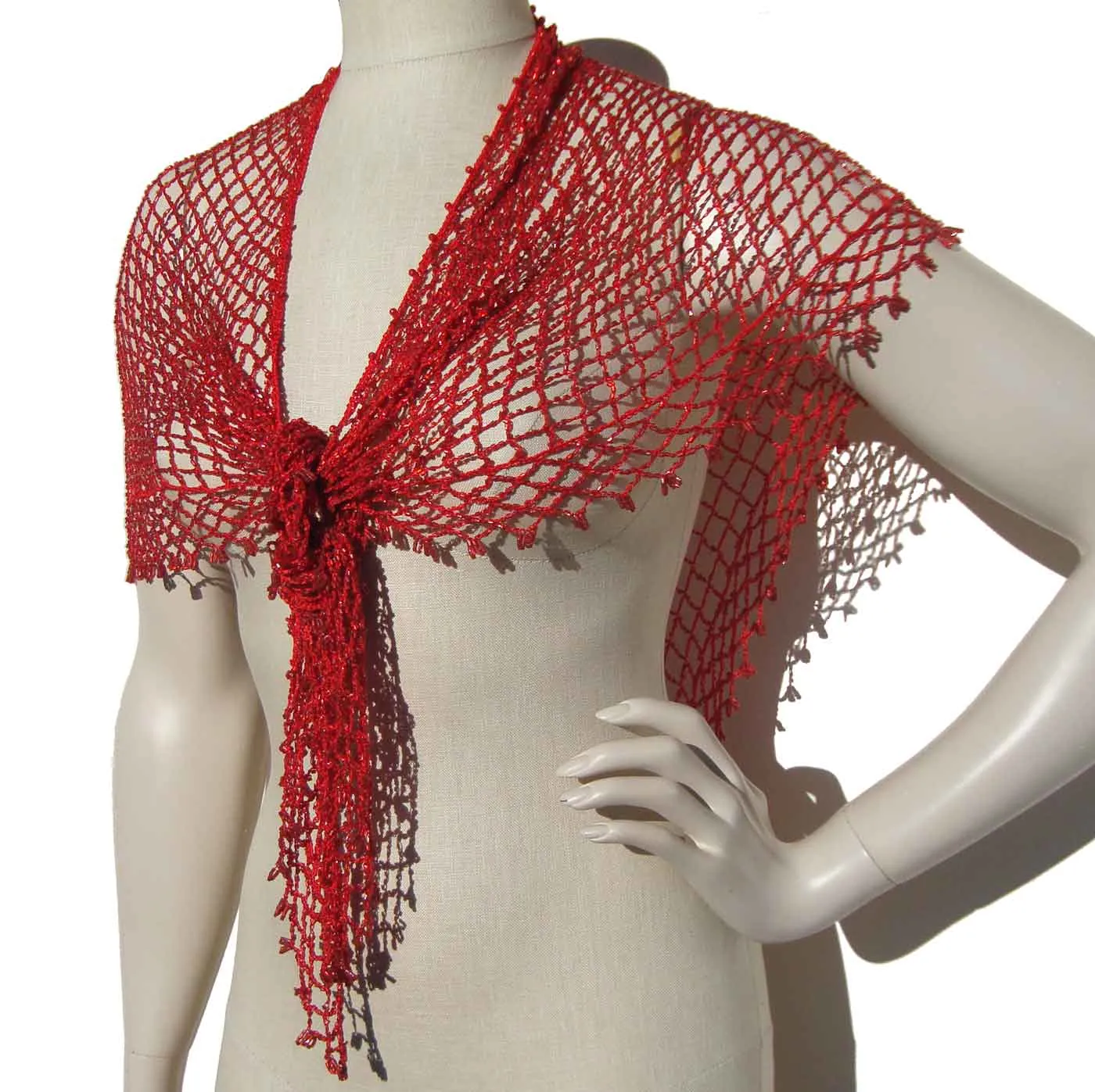 Vintage 80s Red Beaded Wrap Shawl Scarf
