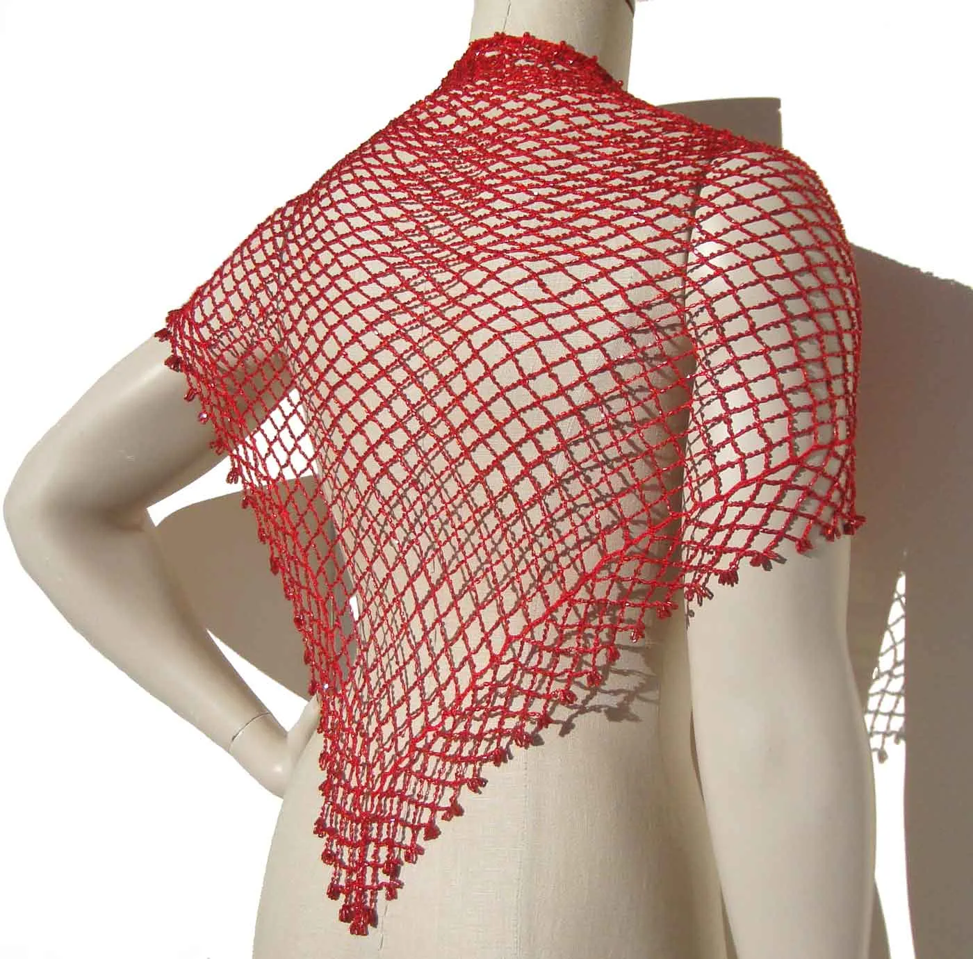 Vintage 80s Red Beaded Wrap Shawl Scarf