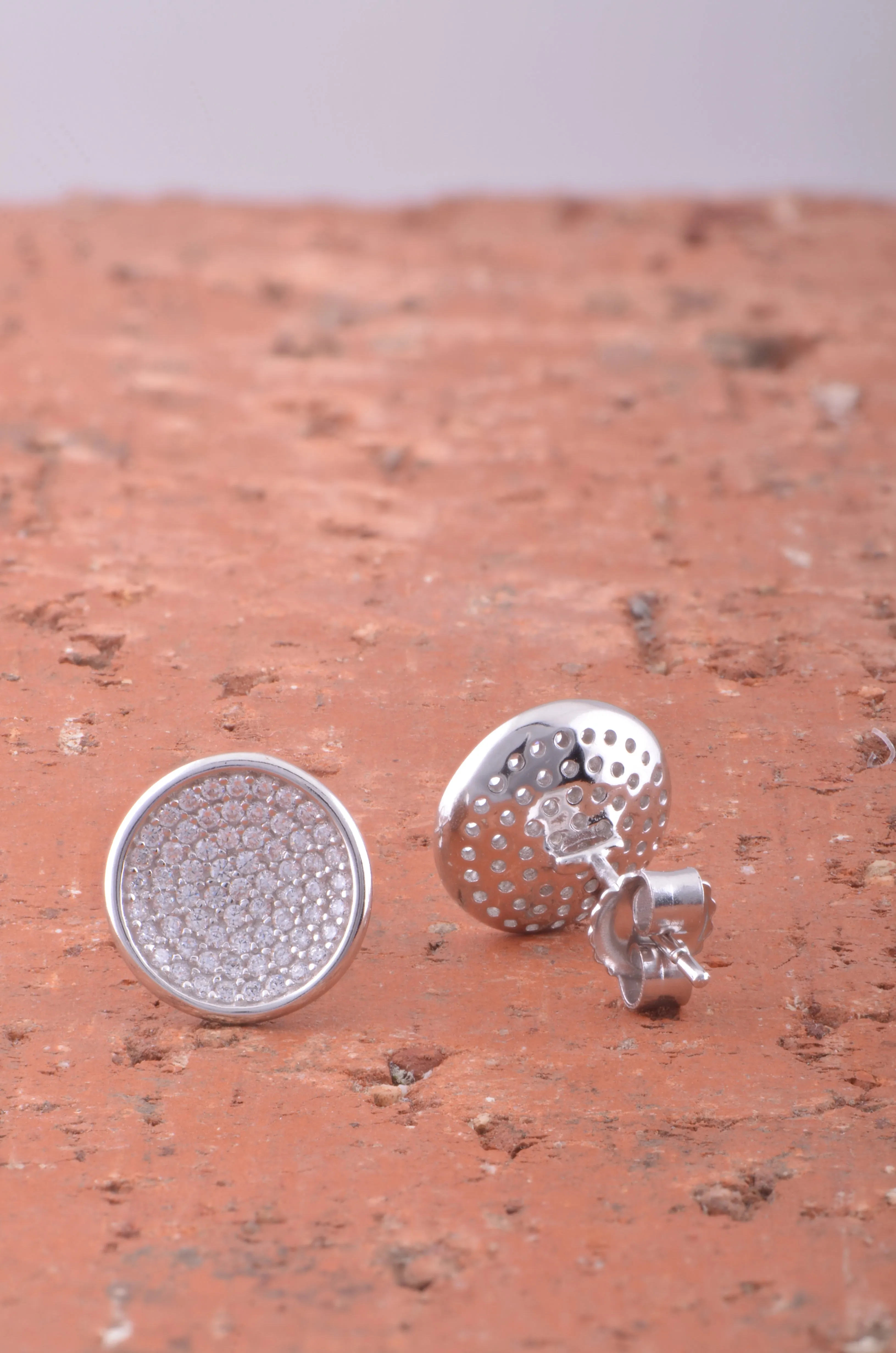 White Gold Over Sterling Silver Womens Big Cz Concave Disc Stud Earrings