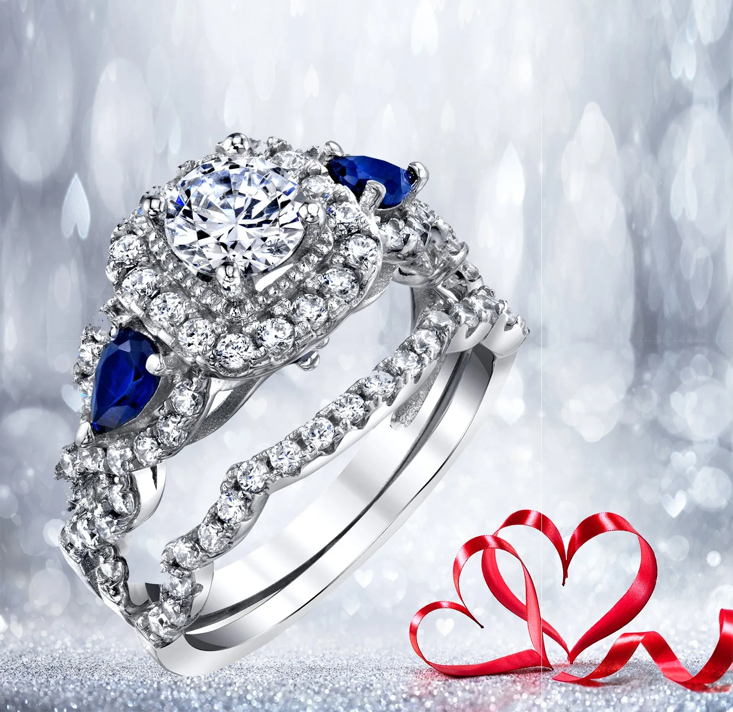 Women's Sterling Silver 925 Engagement Wedding Rings Bridal Set 2pcs Round Cubic Zirconia